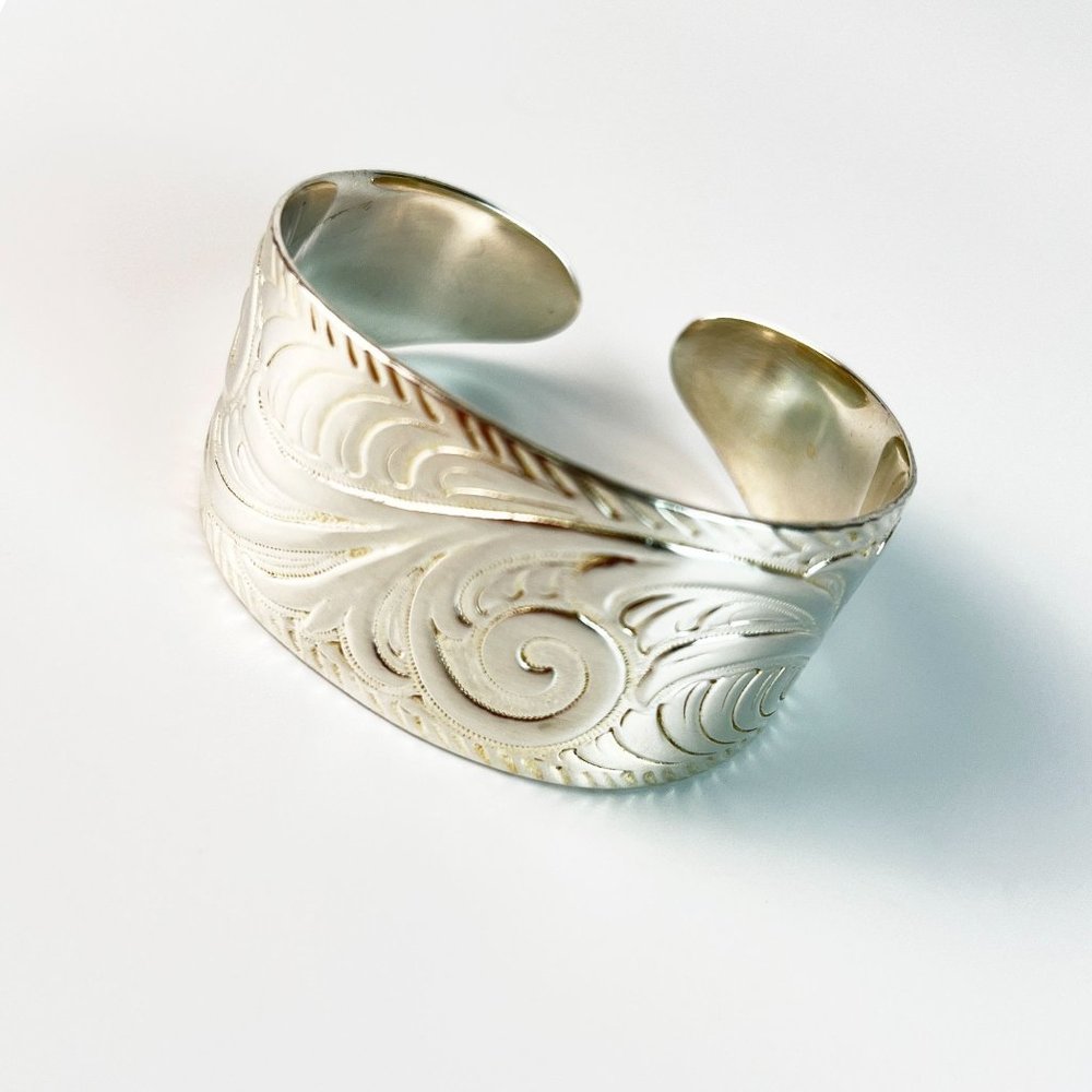 Embossed Floral Scroll Solid Sterling Silver Graduated Wide Cuff Bracelet - Picture 2 of 10